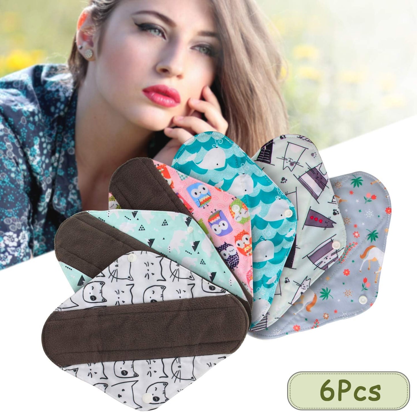 6Pcs 8 Inch Reusable Pads, Cloth Menstrual Pads Washable Period Pads with Charcoal Absorbency Layers, Fit for Light Flow (Cute Whale, Small)