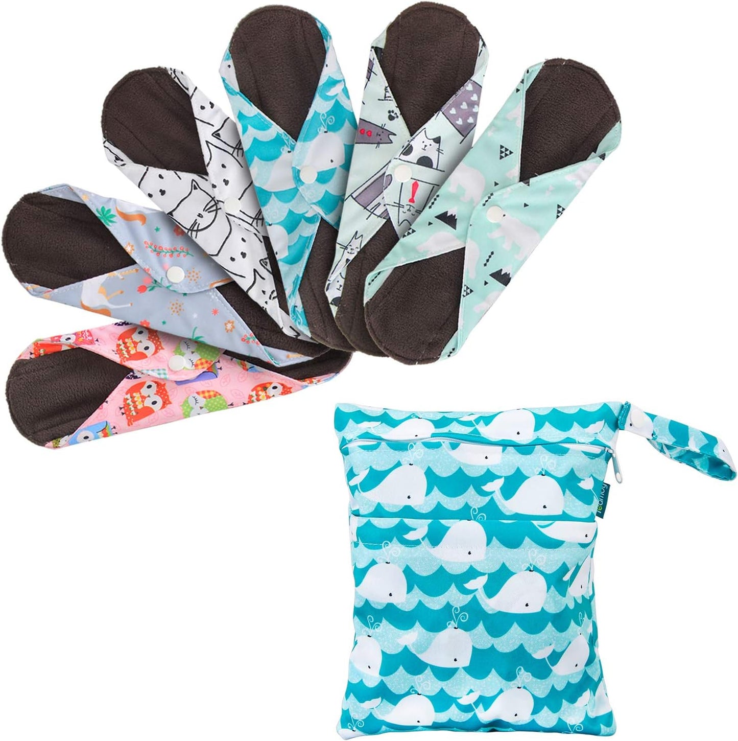 6Pcs 8 Inch Reusable Pads, Cloth Menstrual Pads Washable Period Pads with Charcoal Absorbency Layers, Fit for Light Flow (Cute Whale, Small)