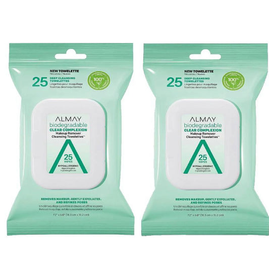 Biodegradable Clear Complexion Makeup Remover Cleansing Towelettes, 25 Wipes (2 Pack)