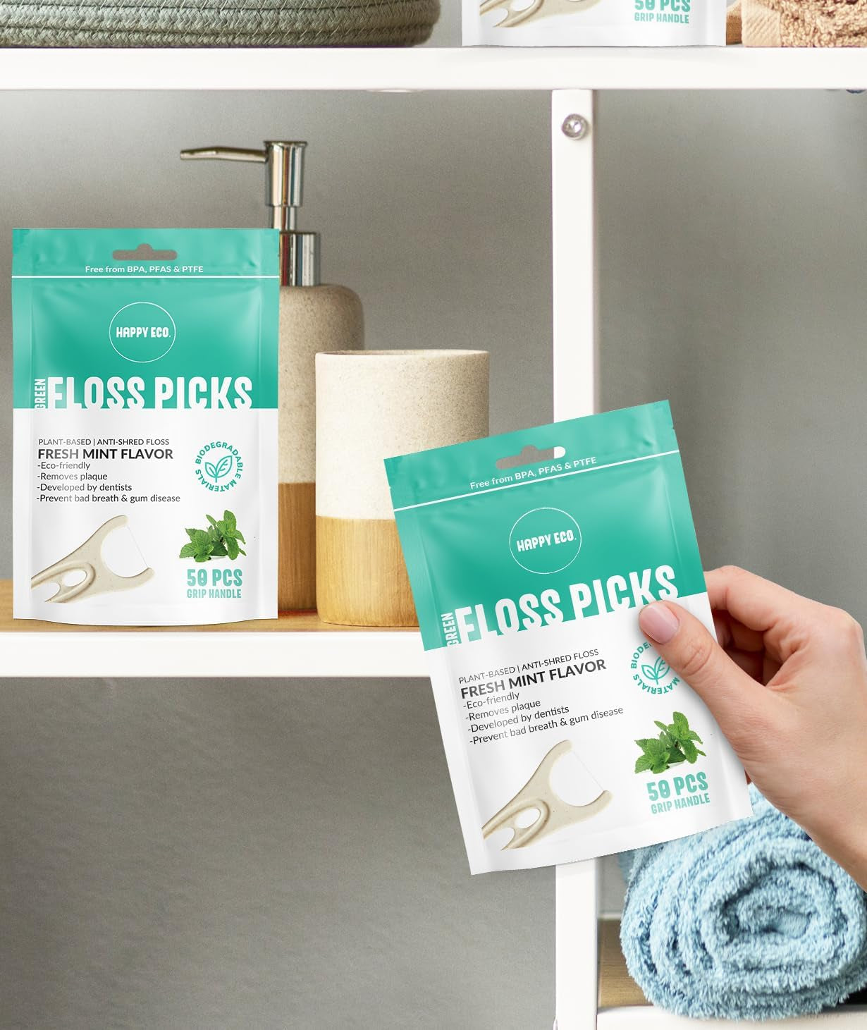Biodegradable Floss Picks (200Pcs) - Natural Dental Floss - Nontoxic Plant Based Floss Sticks for Adults & Kids - Vegan Tooth Pick Flossers - Single Thread Mint