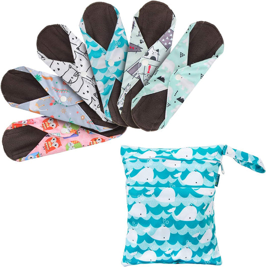 6Pcs 8 Inch Reusable Pads, Cloth Menstrual Pads Washable Period Pads with Charcoal Absorbency Layers, Fit for Light Flow (Cute Whale, Small)