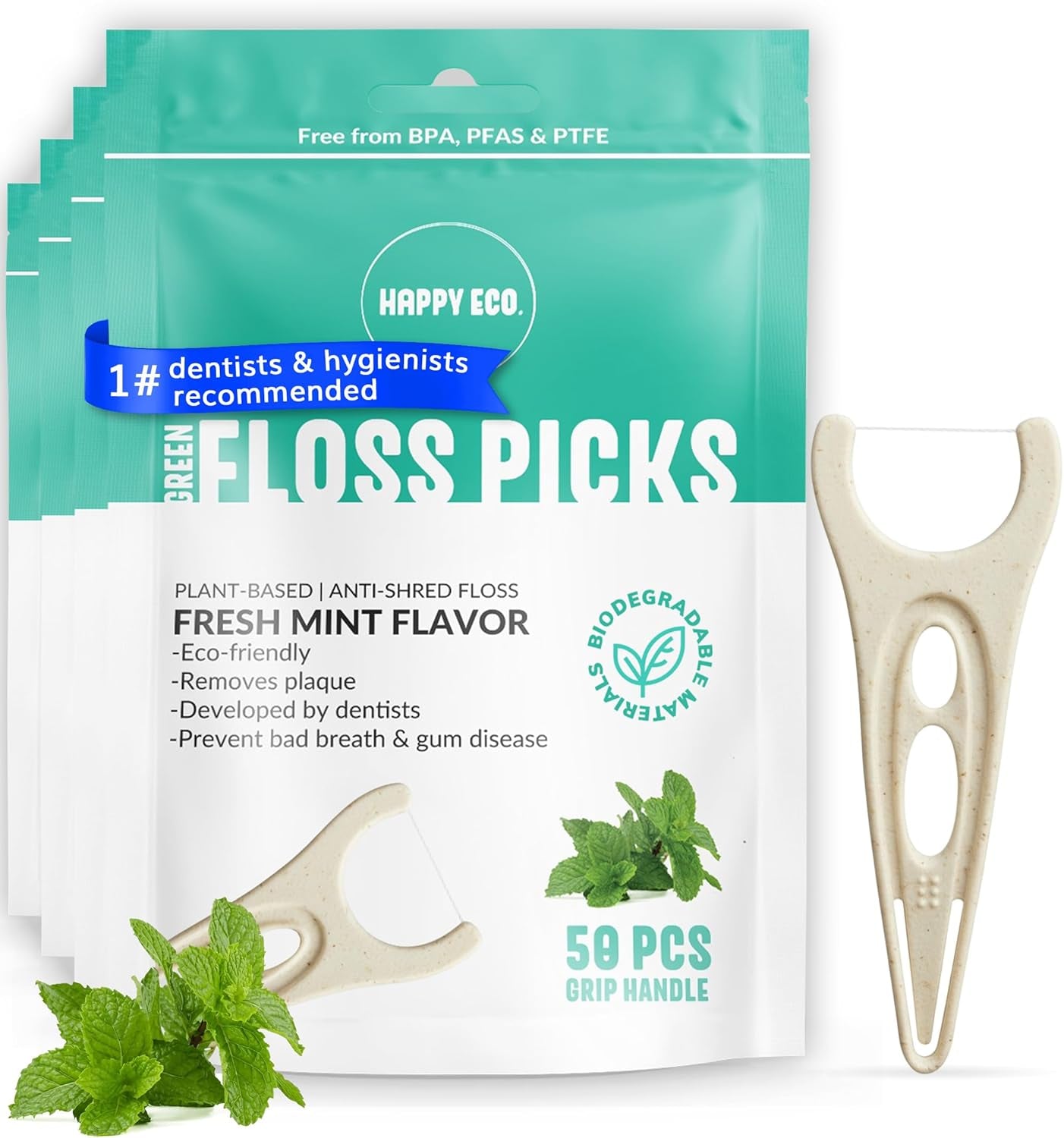 Biodegradable Floss Picks (200Pcs) - Natural Dental Floss - Nontoxic Plant Based Floss Sticks for Adults & Kids - Vegan Tooth Pick Flossers - Single Thread Mint